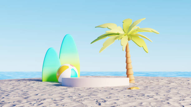 istock 3D render, Tropical beach scene with empty podium, palm tree, surfboards, and beach ball on sandy shore 2202891779