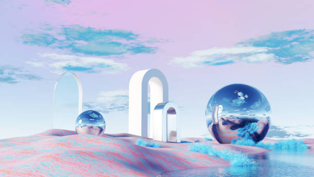 istock 3D render, Surreal landscape with white arches, reflective spheres, and pink terrain background 2202891782