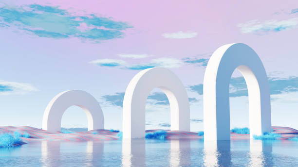 3D render, Surreal landscape with white arches reflecting on the water and pink dune background
