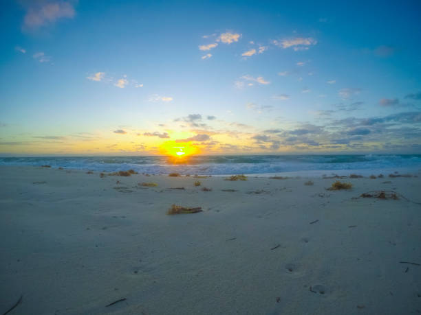 Breathtaking sunrise painting the sky with golden hues over a serene beach as gentle waves caress the shore