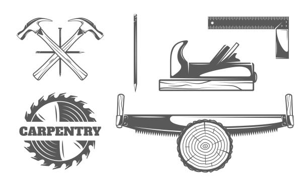 Carpentry icon set isolated on white background. Carpenter  work tool elements: wood, blade, saw, hammer. Vector illustration