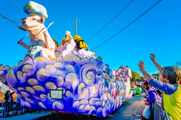 Mobile, Alabama, USA - Feb. 7, 2016: A Mardi Gras float makes its way down the street during the Joe Cain Day Mardi Gras parade in Mobile, Alabama.