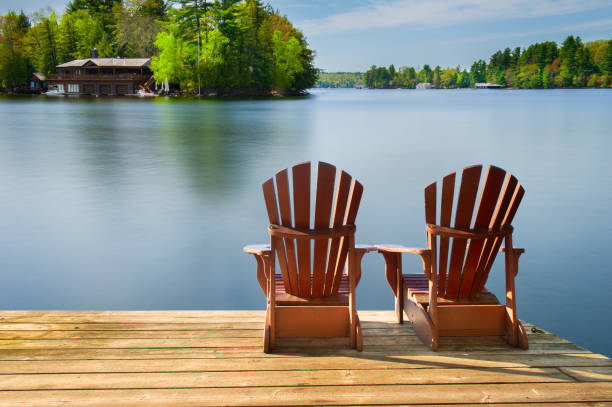 istock Two Adirondack chairs on a dock face a calm lake in Muskoka. 2202913309