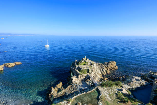 Ajaccio, Corsica, France July 8, 2024: Fortress Citadel, looking east from ramparts over blue gulf waters: green forested hills with buildings along shoreline beaches