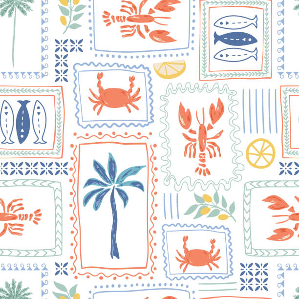 Tropical lobster pattern, summer Italy vacation mood. Retro palm trees, sardines, lemon in the frames. Mediterranean wallpaper, cute geometric design, textile, background, paper. Vector hand drawn art