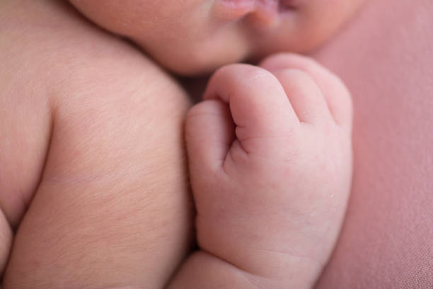 Little tiny delicate newborn human baby hands close up