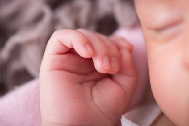 istock Little tiny delicate newborn human baby hands close up 2202940975