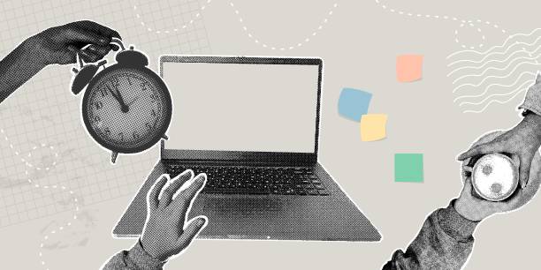 istock Fashionable halftone collage. Remote collaboration,time management,time management,online learning,work from home,coffee break concept 2202946016