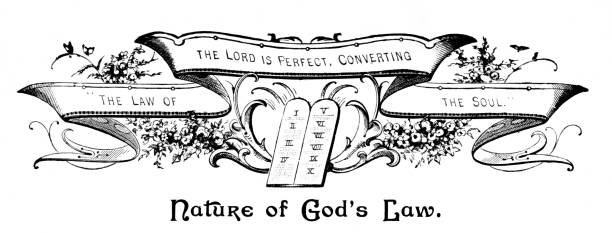Old Testament scripture and Ten Commandments. Banner text: Psalm Chapter Psalm 19  verse  7-14  about God's law. Illustration published 1890. Original edition is from my own archives. Copyright has expired and is in Public Domain.