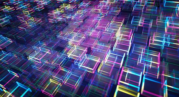 istock Glowing neon cubes creating futuristic technological background 2202950707