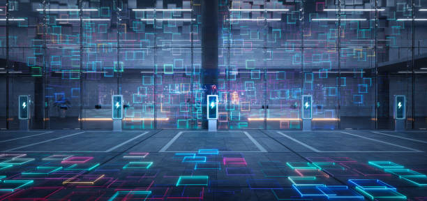 istock Smart ev car park charges with futuristic interface and glowing lines 2202950848