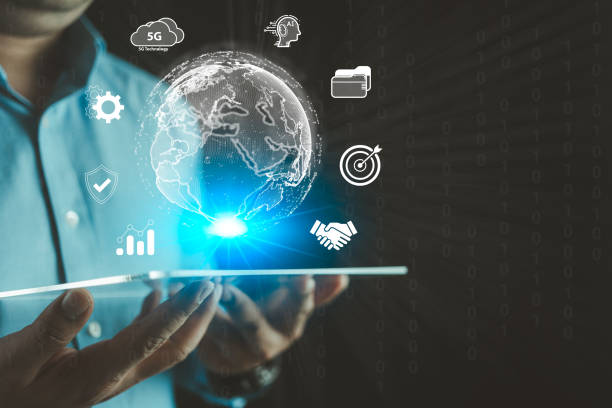 istock Businessman holding a virtual global connection glowing light. Business global internet connection application technology and digital marketing. 2202950850