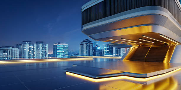 istock 3D Futuristic building with illuminated stairs overlooking cityscape at night 2202955863