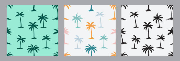 istock Palm tree drawing seamless clipart set. Palm trees drawing, colorful and silhouette print and pattern clip art for wallpaper continuous 2202965432