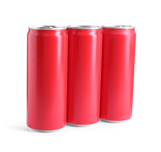 istock Energy drinks in red aluminum cans on white background 2202966560