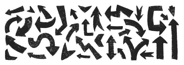 istock Collection of hand drawn arrows with crayon, pastel or chalk texture. Zigzag. corner and circle arrows for comic design. Black vector illustration on a white background. 2202968880