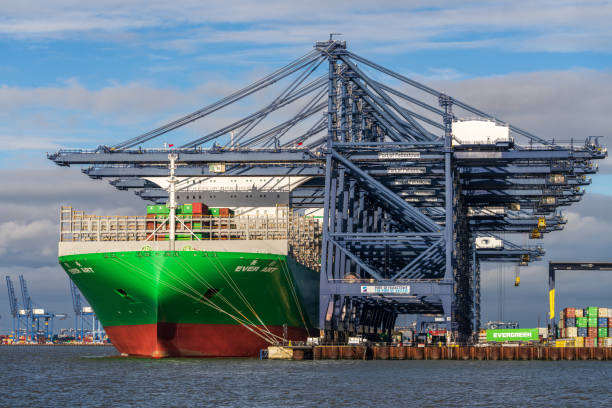 Felixstowe, Suffolk, England, UK - November 22, 2022: View of a container ship in Felixstowe Harbour