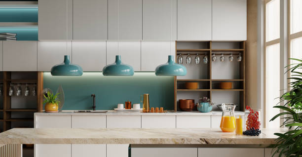 Beautifully designed modern kitchen with a combination of white and wooden elements- 3D rendering