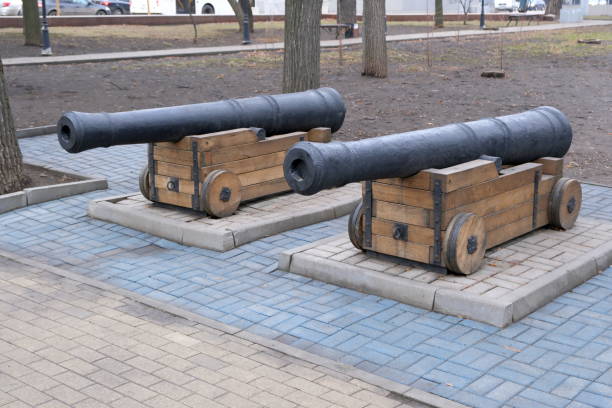 Russia. Voronezh. January 31 2025. Ancient guns on special stands are displayed in Petrovsky Square in the city