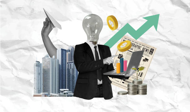 istock Creative businessman with lightbulb head presenting financial growth and innovation in a collage style, vector illustration 2202973889