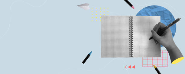 istock Collage of education tools featuring a hand writing in a notebook on a pastel background, vector illustration 2202974595