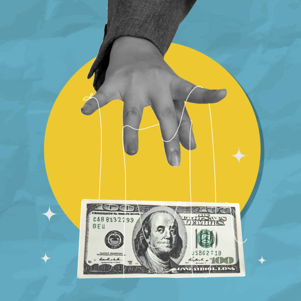 istock Manipulative hand controlling money with a dollar bill in creative design, vector illustration 2202975074