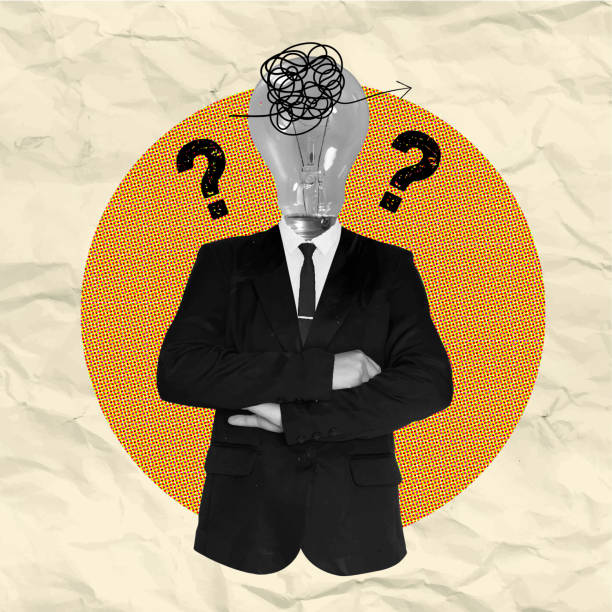 istock Confused businessman with a lightbulb head symbolizing creativity and ideas, vector illustration 2202975104