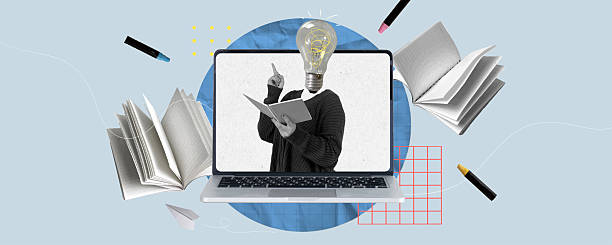 istock Creative collage of a person with a light bulb head reading from a laptop, vector illustration 2202975119