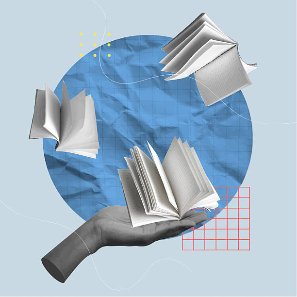 istock Dynamic collage of floating books in hand, showcasing creativity and knowledge, vector illustration 2202975333