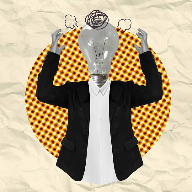 istock Frustrated businessman with a lightbulb head expressing confusion and creativity in a quirky collage, vector illustration 2202975611