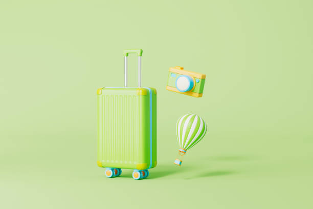 istock 3d rendering travel suitcase and camera with hor air balloon 2202983950