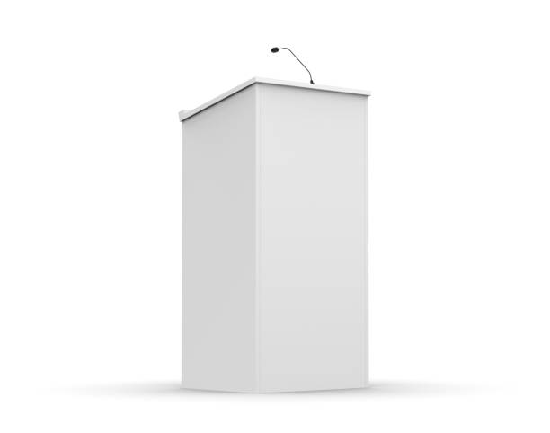 istock Blank podium speech stand mockup template, 3d illustration. 2202984282