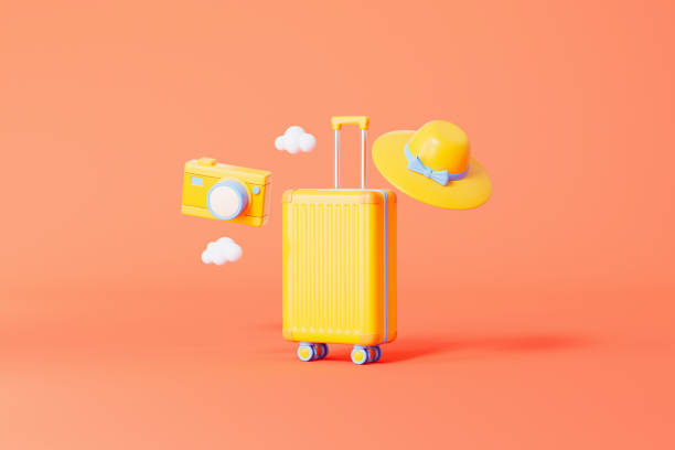 istock 3d rendering travel suitcase and camera with hat 2202986061