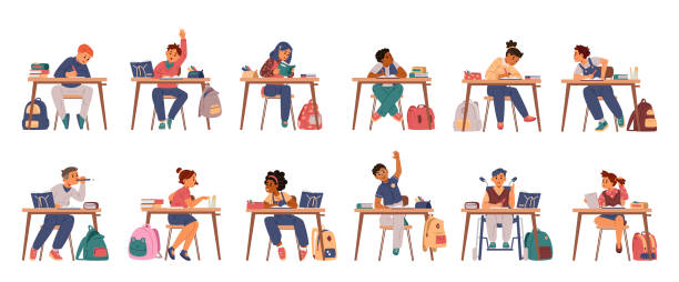 dzieci w wieku szkolnym siedzące w ławkach studiujących płaskie ilustracje wektorowe ustawione na białym tle. uczniowie różnych ras i umiejętności z przyborami szkolnymi i plecakami. - dzieci w szkole obrazy stock illustrations