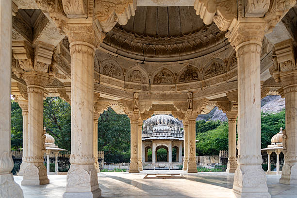 India. Rajasthan. Jaipur. Gatore Ki Chhatriyan. Cenotaph dedicated to Maharaja Sawai Mansingh II and his family