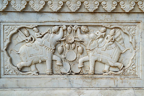 Elephant marble sculpture at Adinath Jain temple in Ranakpur, Rajasthan, India