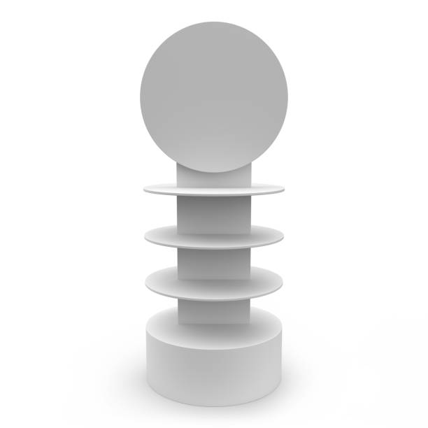 istock Supermarket Promotional Display Rack, Empty Product Display Shelf and Round Header, PDQ Display Box With Two Different View.  3D Render. 2202991591