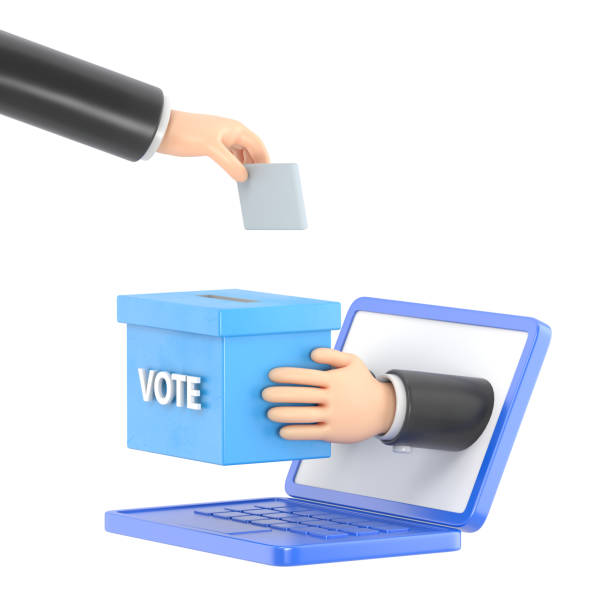 istock Flat 3d isometric businessman hand putting voting paper into ballot box that come out from laptop monitor. Online voting and election concept.3D rendering on white background. 2202993496