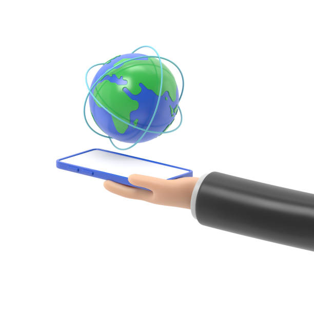 Flat 3d isometric businessman hand holding smartphone with world and global network. internet connection and global communication concept.3D rendering on white background.