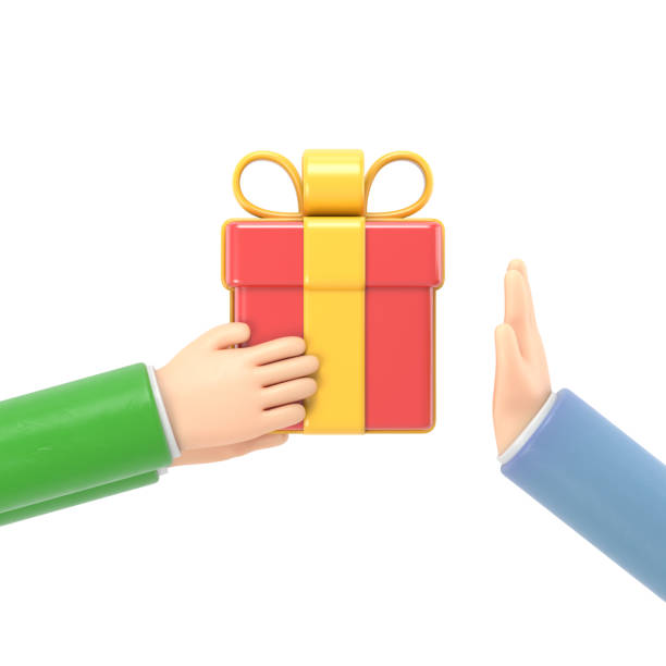 istock Refusal of gift. No corruption concept. Rejecting proposal. Man holding in hand gift box with ribbon. Gesture rejects the proposal. 3D rendering on white background. 2202993563