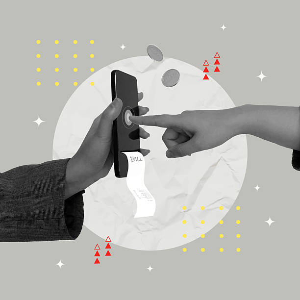 istock Collage of hands interacting with a mobile payment app and bill receipt, vector illustration 2202993864