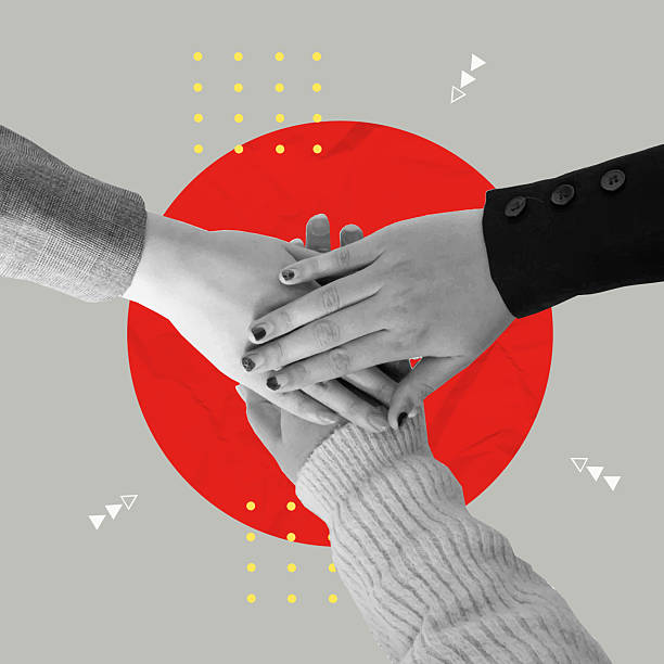 Diverse hands stacking on top of each other in a creative collage style for teamwork themes, vector illustration