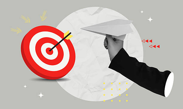 Hand launching a paper plane towards a target in a creative collage style for goal-setting themes, vector illustration