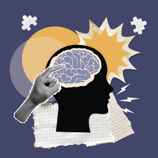 Artistic hand pointing at a human brain silhouette to symbolize knowledge and ideas, vector illustration