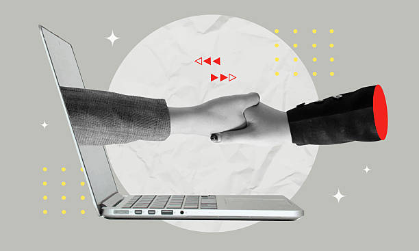 istock Collage of digital handshake between laptop and diverse hands for business connections, vector illustration 2202994901
