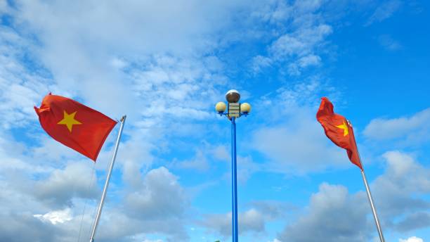 Flags of Germany, Heligoland and Yugoslavia in front of a blue sky