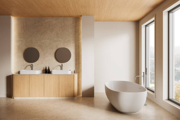 istock Modern bathroom interior with wooden accents and large windows. 3D Rendering 2202998516