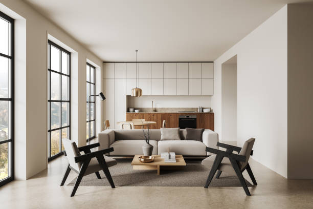 istock Elegant dining area with a modern table and mustard chairs in a bright kitchen space. 3D Rendering 2202998764
