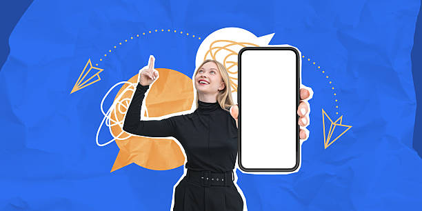 istock Woman holding smartphone with blank screen on abstract blue back 2202999322