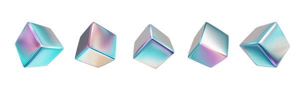 istock Chrome holographic cubes set. Futuristic holographic shapes in various projections, realistic collection 2203004240